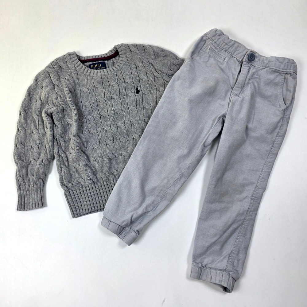 Polo Ralph Lauren Sweater Baby Gap Pants 3T Grey Cable Knit Jogger Set Toddler